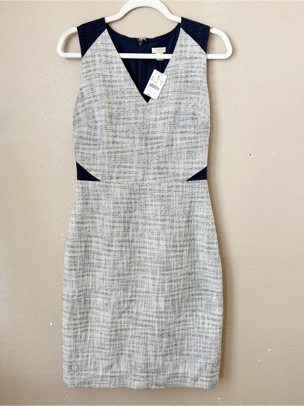 J. Crew Factory Navy and Gray Tweed V-Neck Midi Sheath Dress size 6